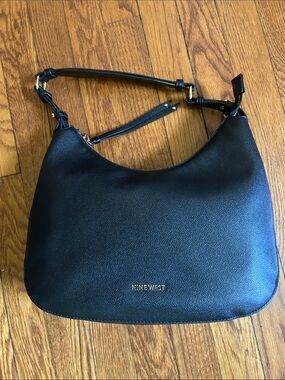Nine West Black Pebbled Shoulder Bag with Gold Logo